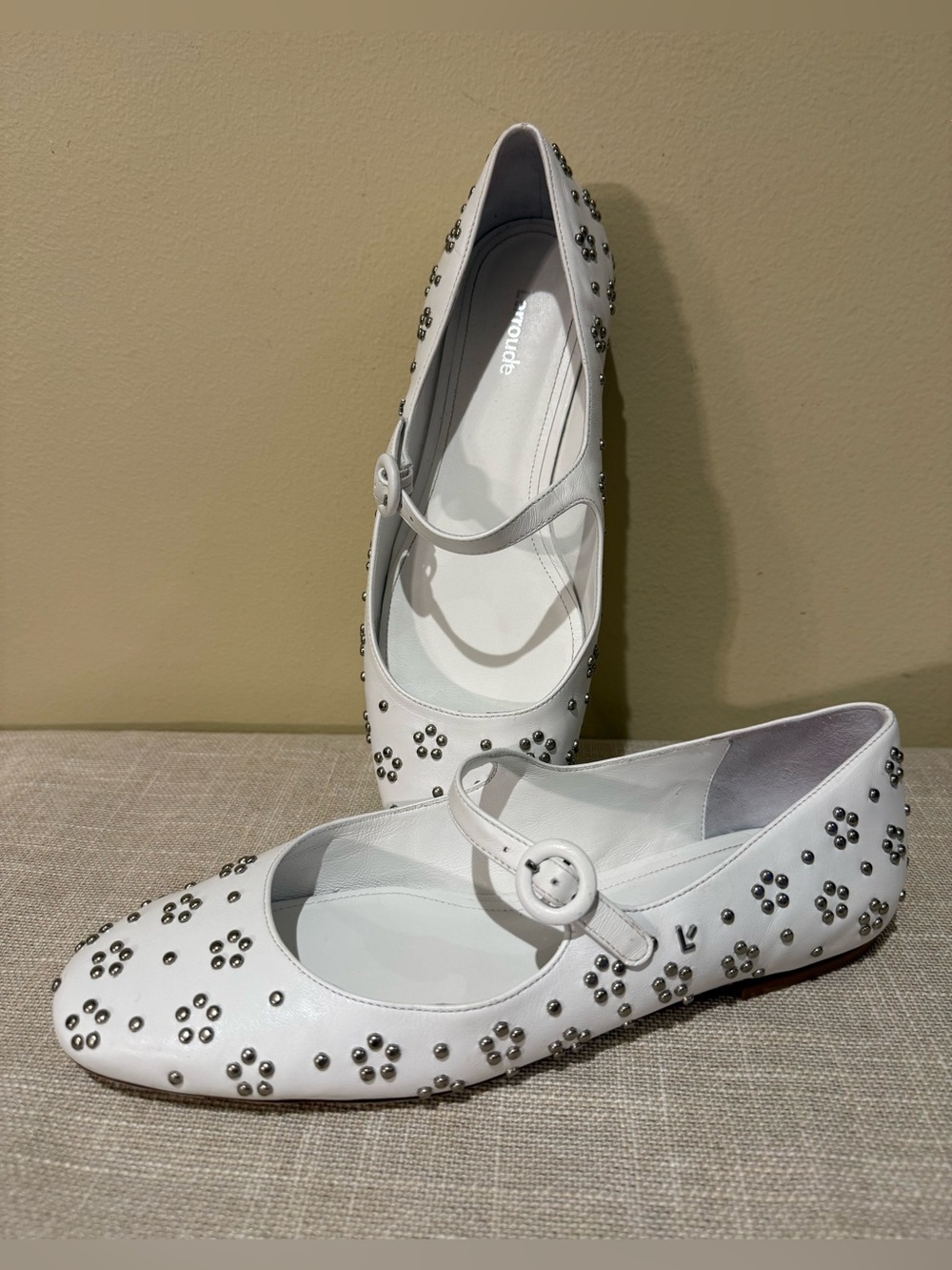 Larroudé White Leather Studded Blair Mary Jane Flats Size 9.5